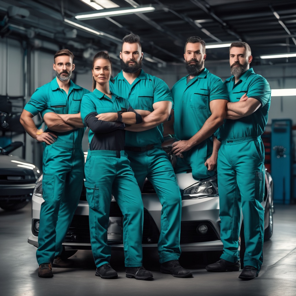 Top-tier auto repair team posing together in modern professional garage, skilled mechanics in work uniforms